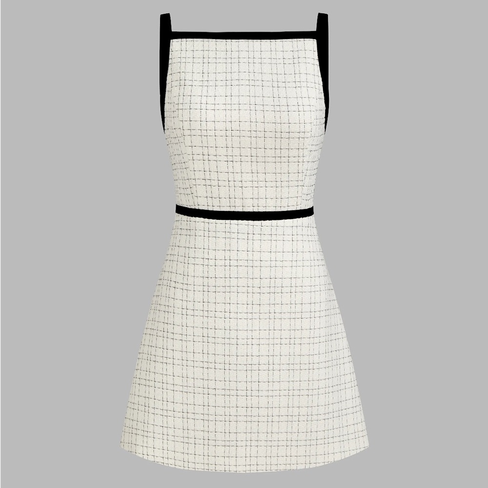 Classic '60s White Tweed Square Neckline Mini Dress with Contrasting Trim
